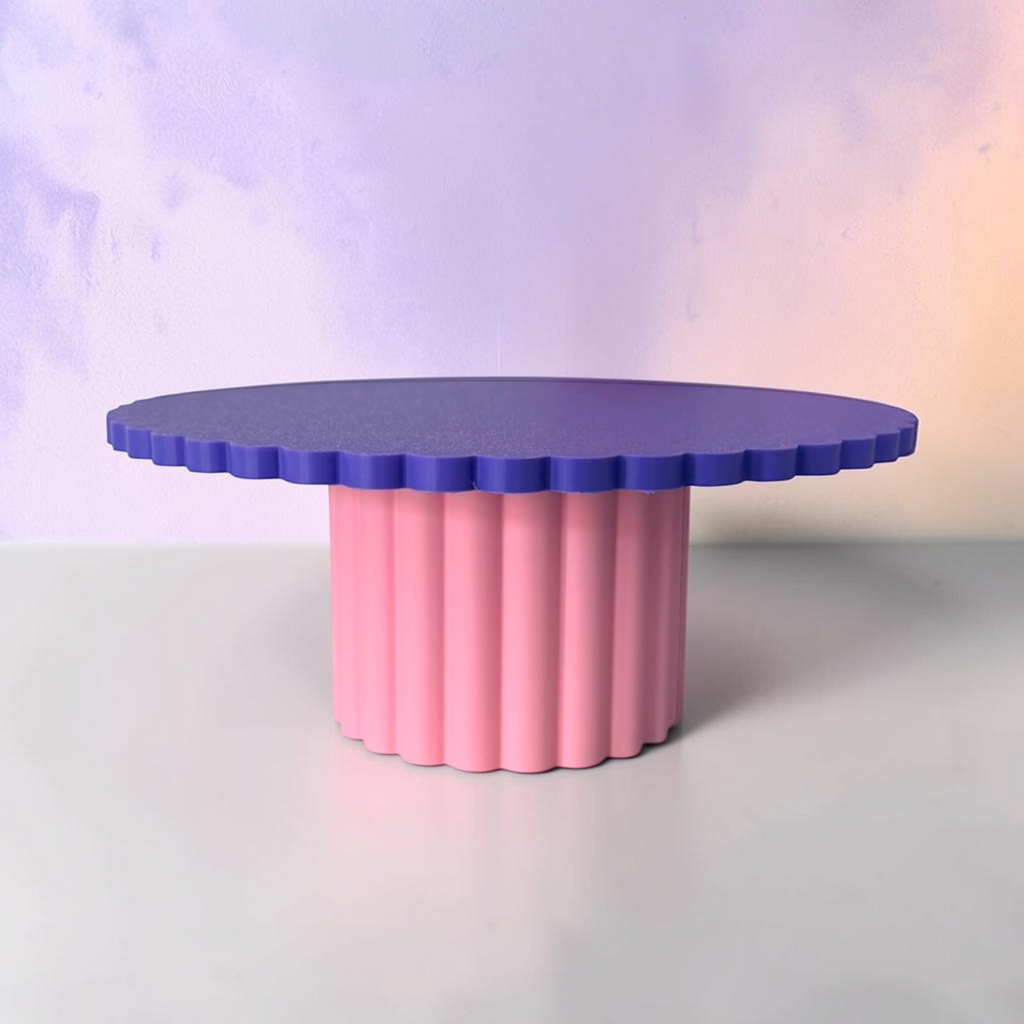 SCALLOPED EDGE CAKE STAND PURPLE AND PINK