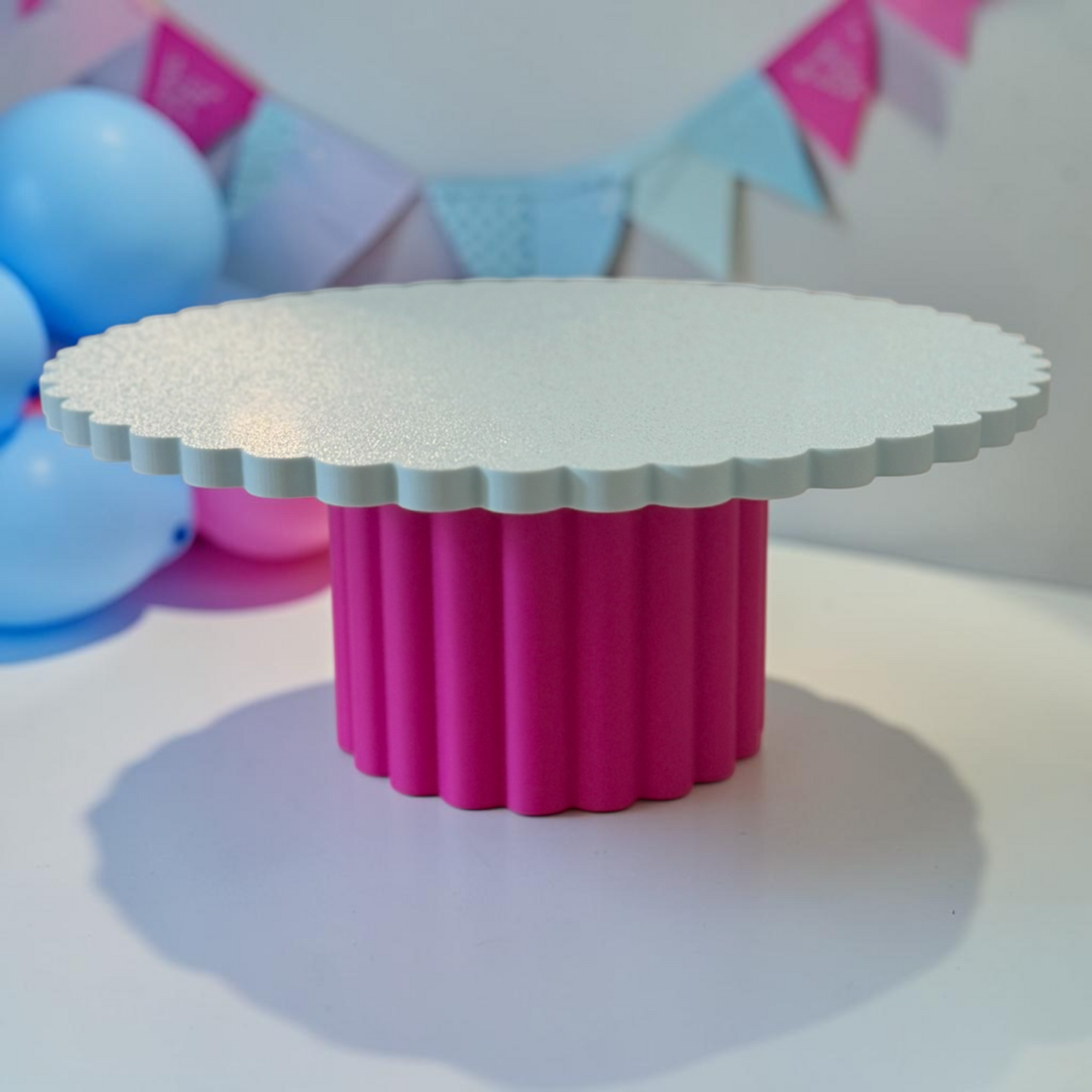 SCALLOPED EDGE CAKE STAND BLUE AND RASPBERRY