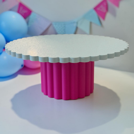 SCALLOPED EDGE CAKE STAND BLUE AND RASPBERRY