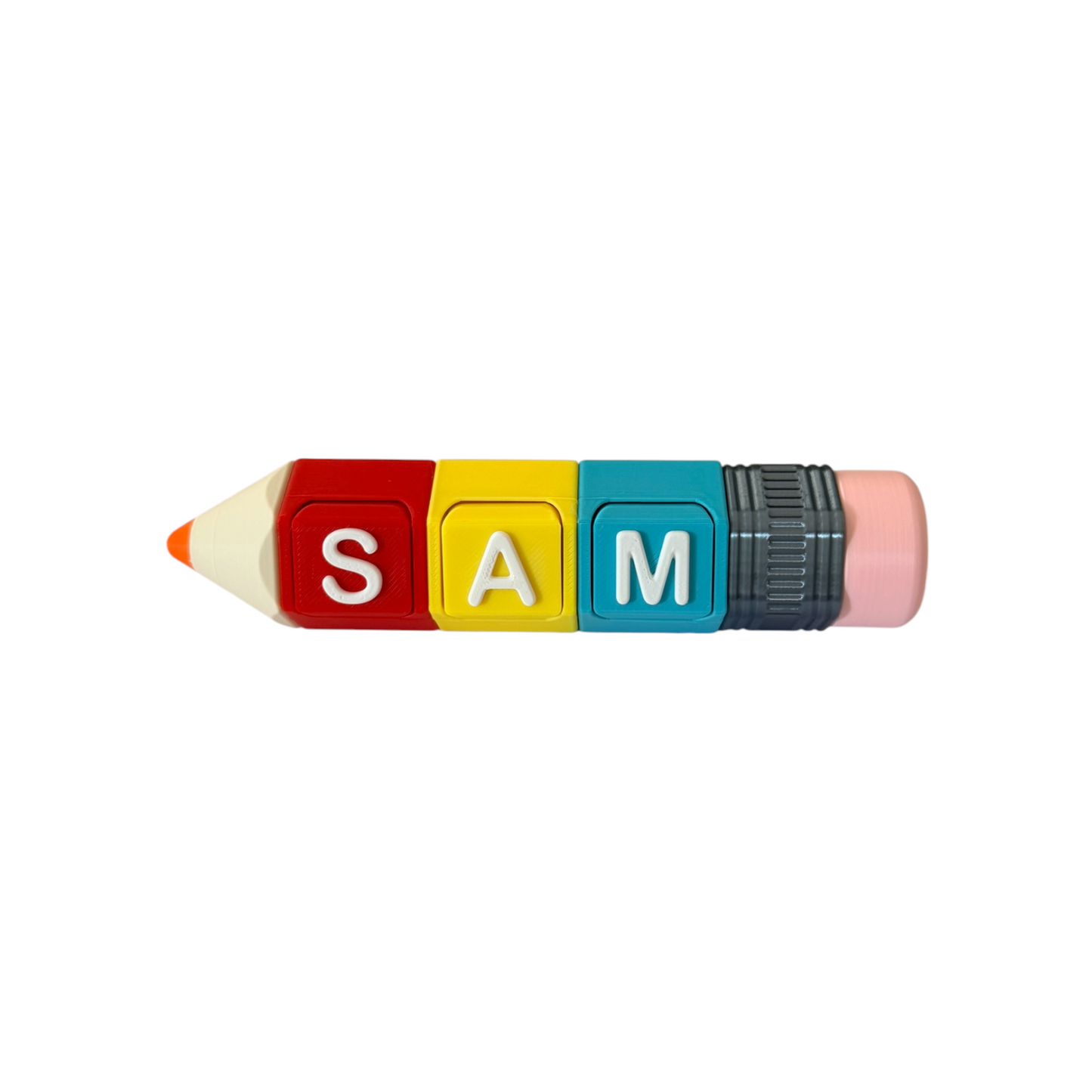 A novelty pencil-shaped fidget toy with colorful lettered blocks spelling 'SAM' on a plain white background.