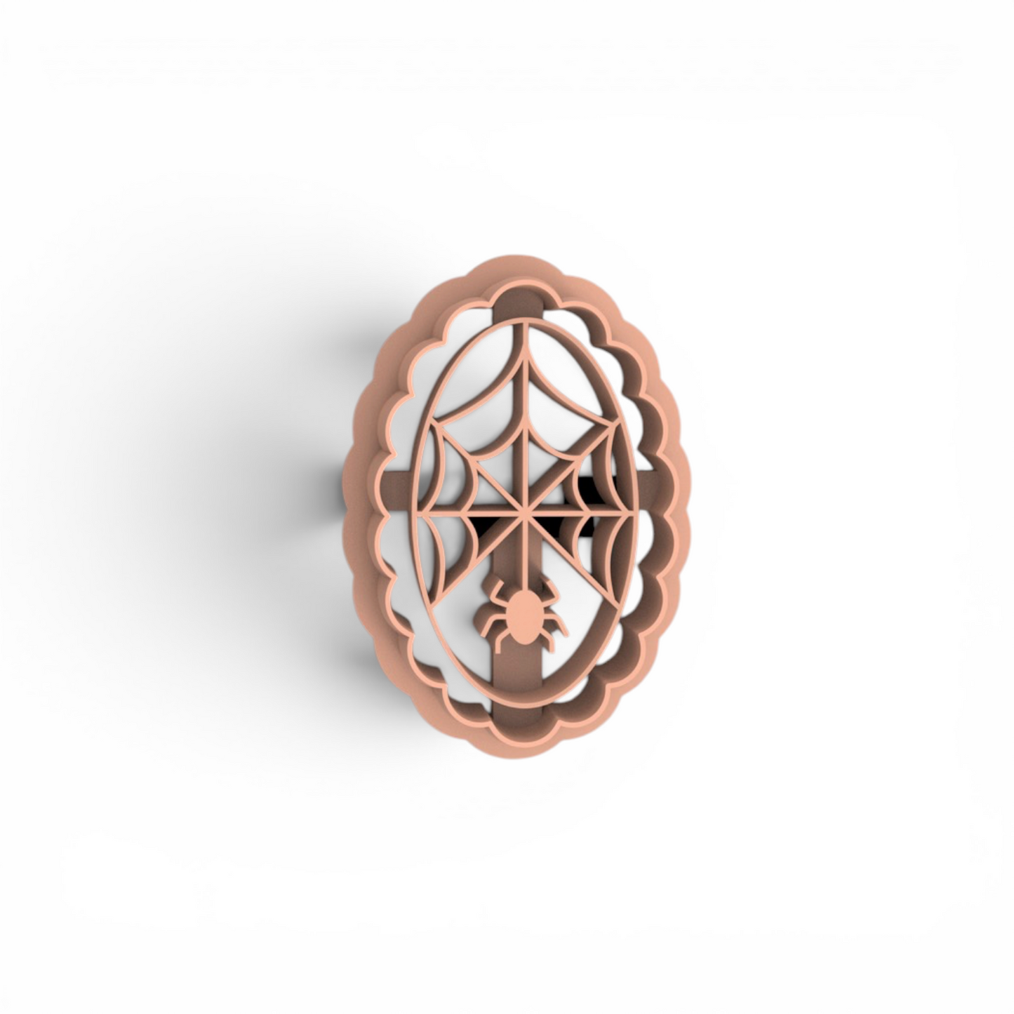 Aplastic clay cutter with a spiderweb and spider design, shown from a top-down perspective on a white background.