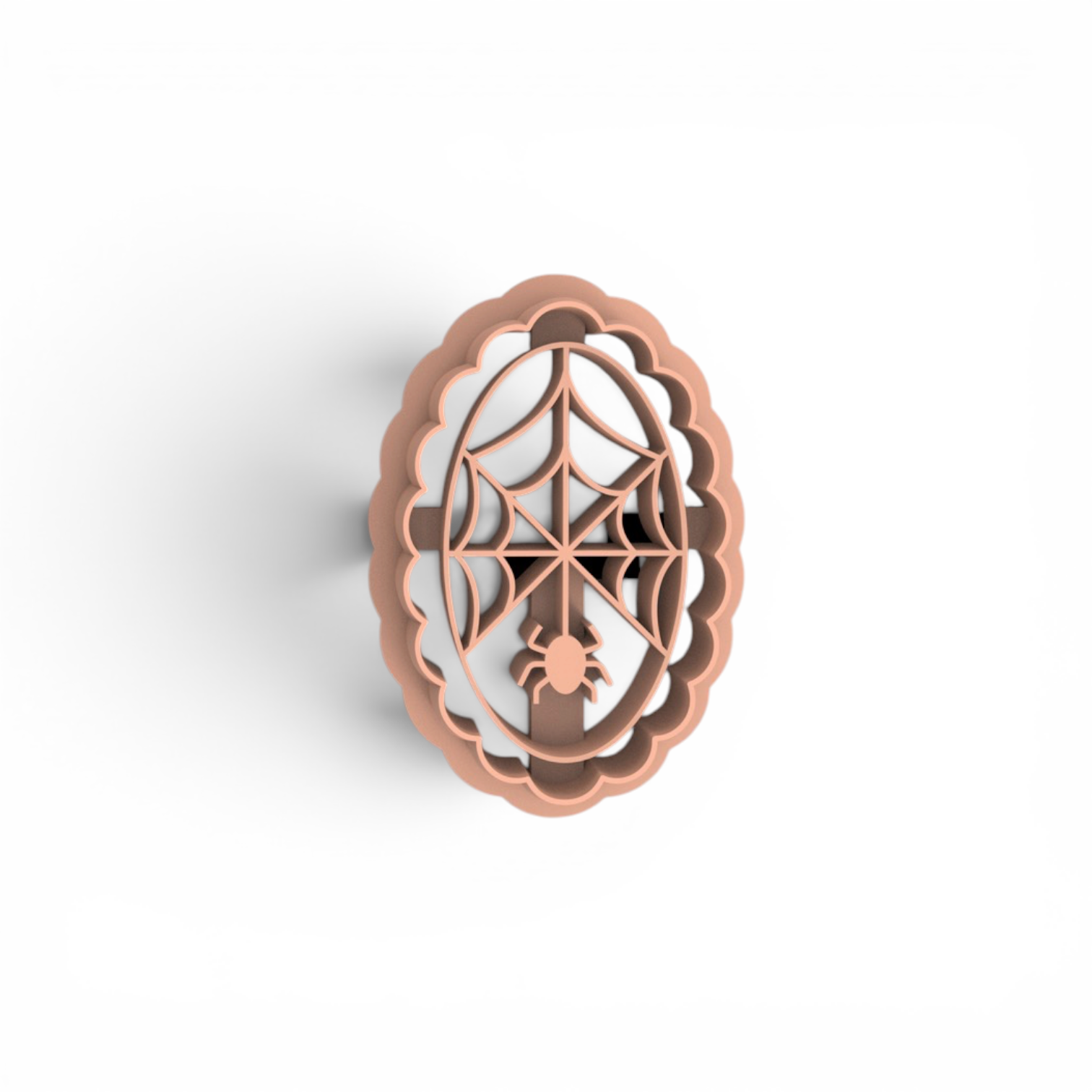 Aplastic clay cutter with a spiderweb and spider design, shown from a top-down perspective on a white background.