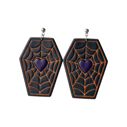 Coffin shaped earrings with purple heart