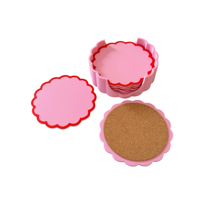 RETRO SCALLOPED COASTER SET PASTEL PINK AND RED