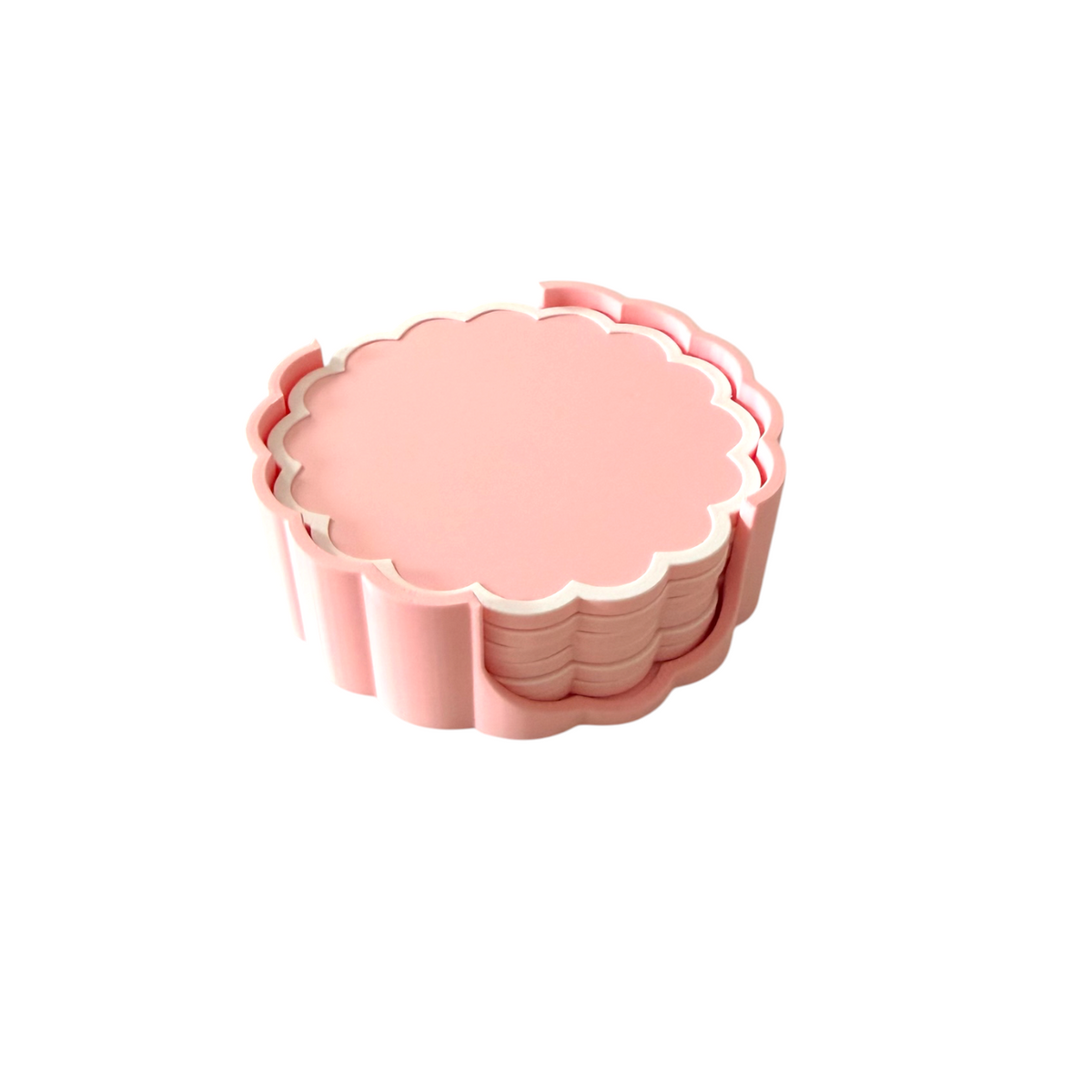 A stack of round pink scalloped-edged coasters on a plain white background.
