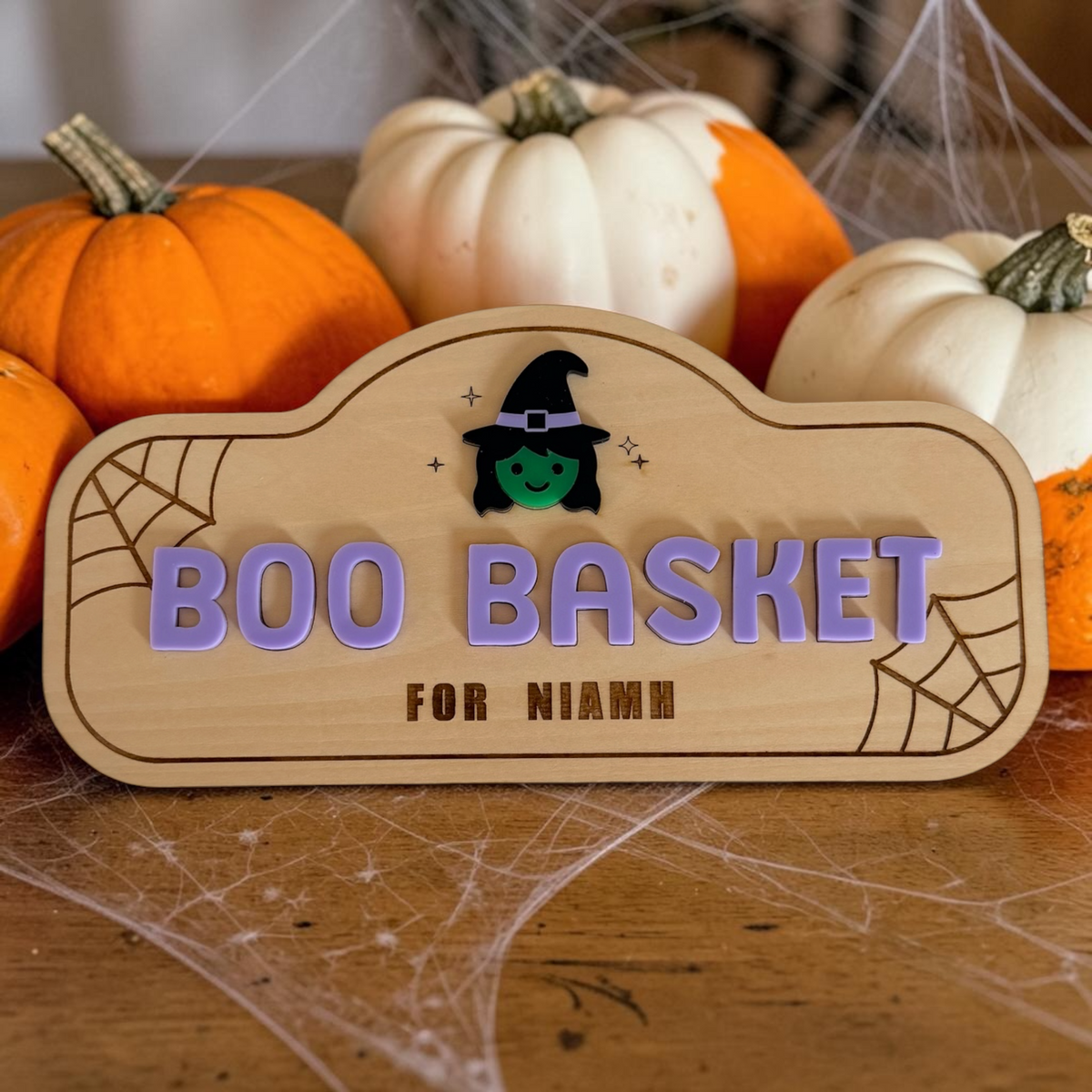 Boo Basket Sign with witch and names finished in acrylics
