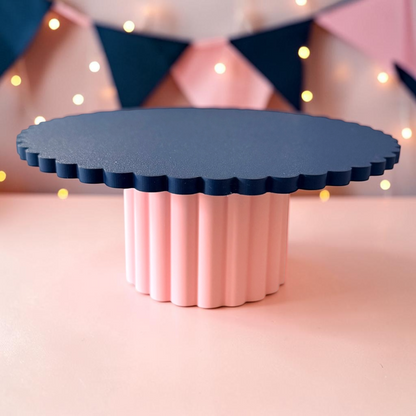 SCALLOPED EDGE CAKE STAND NAVY BLUE AND PINK